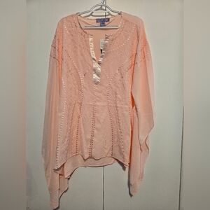 NWT Premise Woman 2X Blush Pink Embroidered Boho Tunic Blouse‎